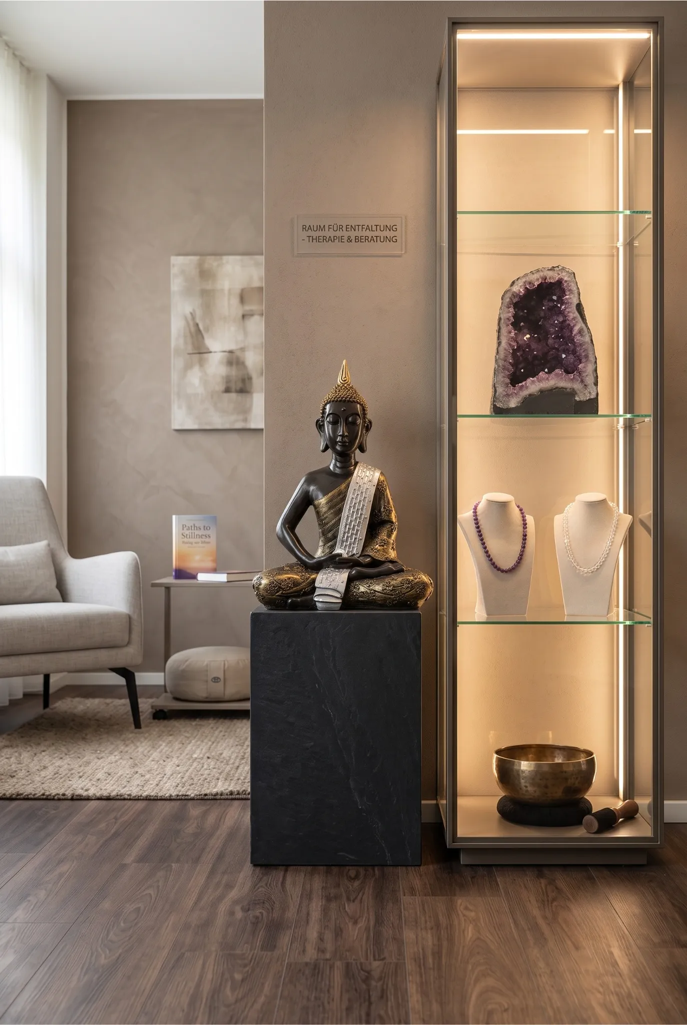 Ein eleganter und moderner Praxisraum für spirituelle Beratung mit einem Buddha auf Podest und Glasvitrine mit Amethyst Edelsteindruse und zwei Edelsteinhalsketten