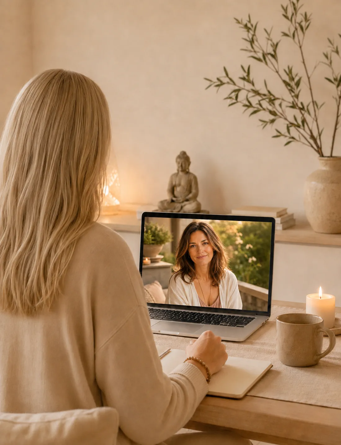 Das Bild zeigt gerade laufendes spirituelles Coaching als online Sitzung. Die spirituelle Beraterin unterhält sich gerade mit der Klientin über Zoom-Meeting.